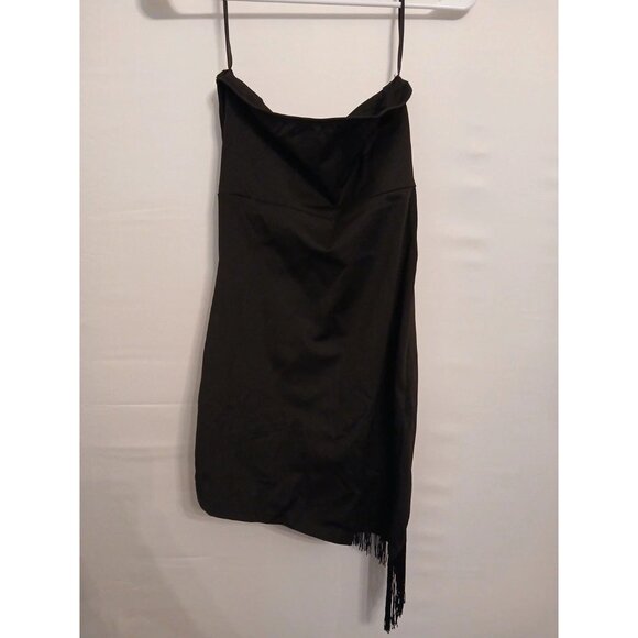 Strapless Black Fringe Asymmetrical Hem Strap Mini Dress - Picture 1 of 6